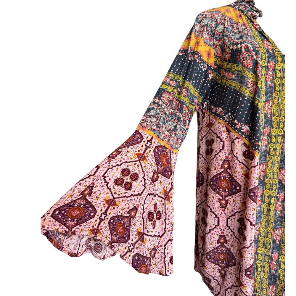 Umgee Boho Mixed Print Tunic Dress Bell Sleeve Ruffle Neck Size Medium - Picture 2 of 7